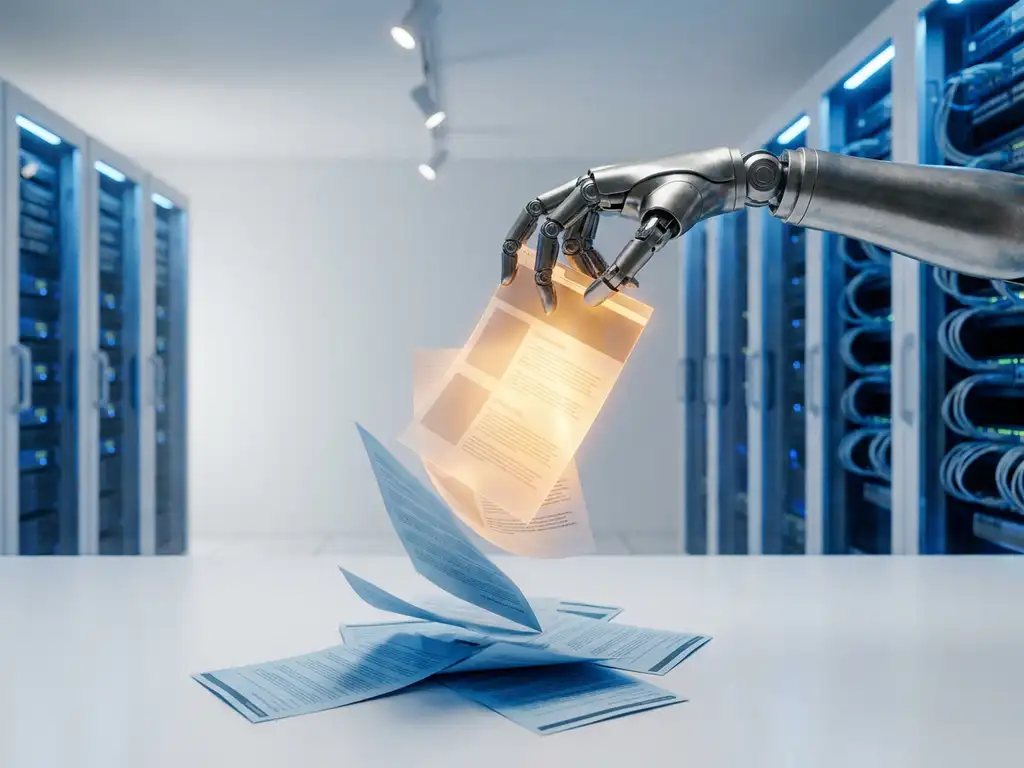 Robotic arm with mechanical fingers sorting glowing amber web pages from dim ones on a white server-room surface.