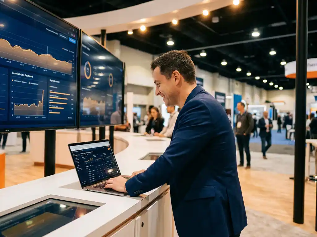Confident professional at an exhibition booth with data visualization displays and a search index dashboard on a laptop in a busy trade show hall.