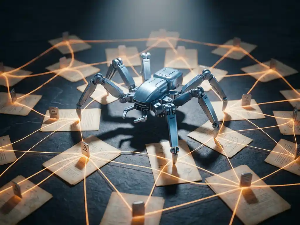 Steel spider-shaped crawling robot on a glowing amber web of interconnected document pages with raised metadata tags on dark slate.