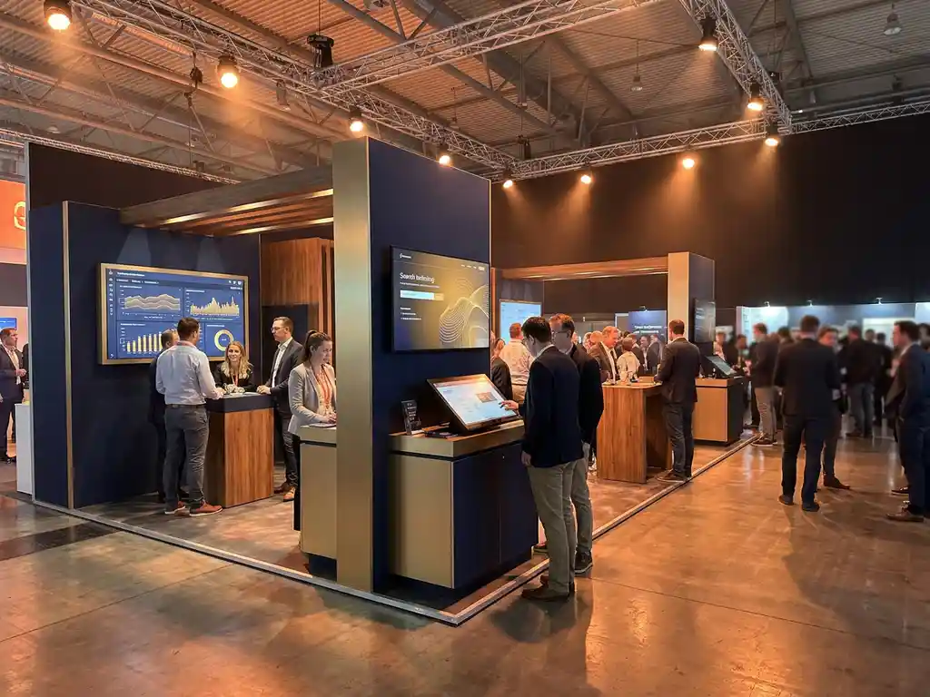 Exhibition stand at a tech conference with glowing search and indexing dashboards, visitors exploring displays under amber spotlights on polished concrete.