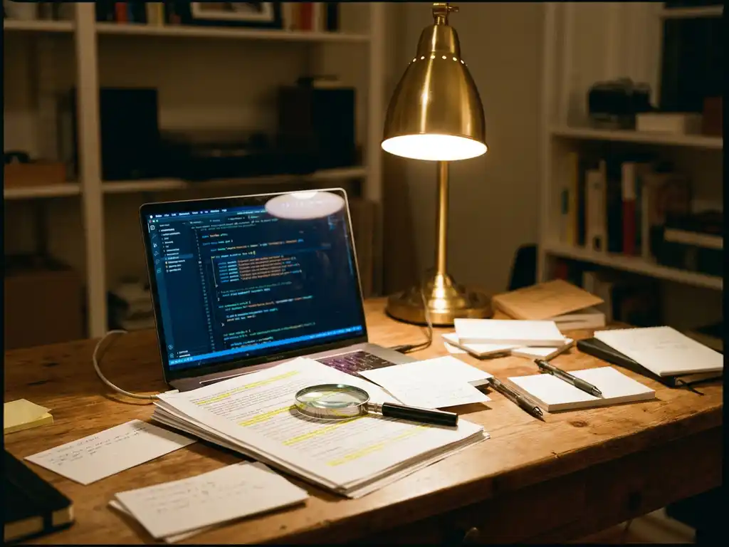 Magnifying glass on printed web pages with highlighted sections beside a glowing laptop on a wooden desk in warm amber light.